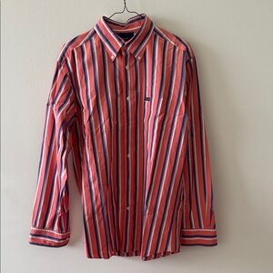 Faconnable Orange White Blue Striped Poplin Button Down French Designer Shirt M